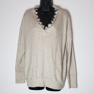 Three Dots V-Neck Sweater w/ Eyelash Lace Trim